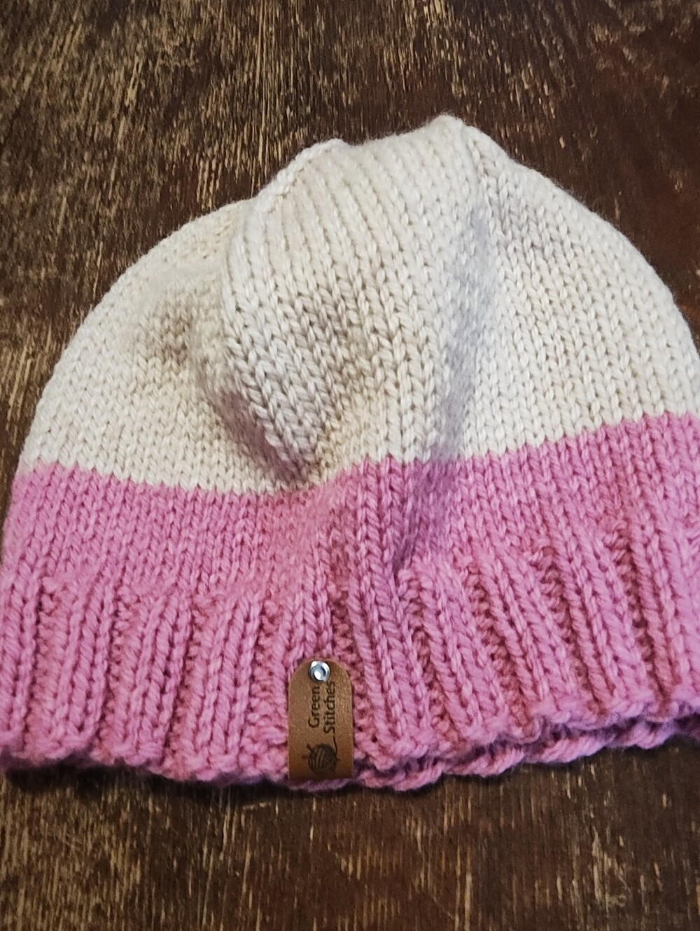 Two-Tone Pink and Cream Knit Beanie with Branded Tag
